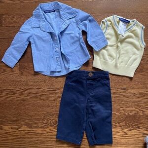 Matt’s Scooter Blue Button-Down Shirt with Navy Pants and Yellow Sweater Vest